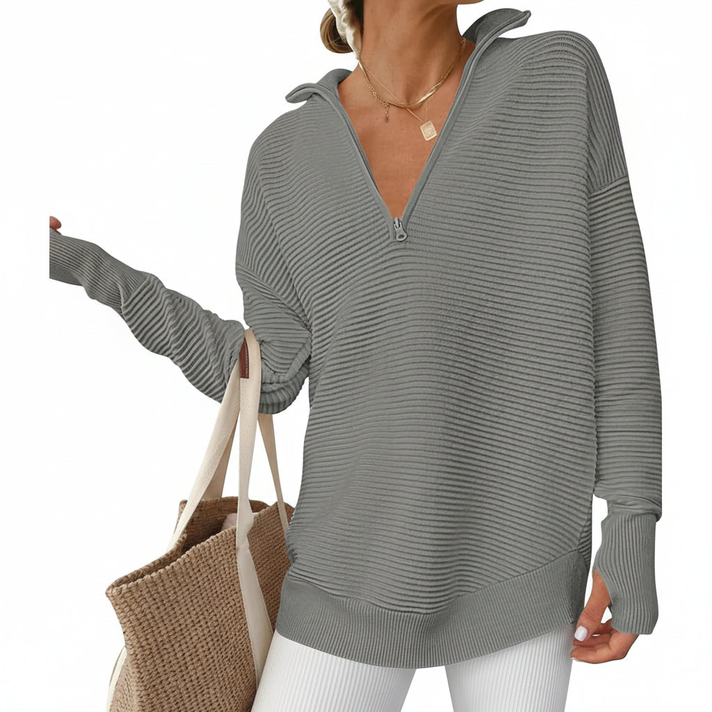 Womens Sweater Knitted Half Zip V Neck Ribbed Fabric Oversized