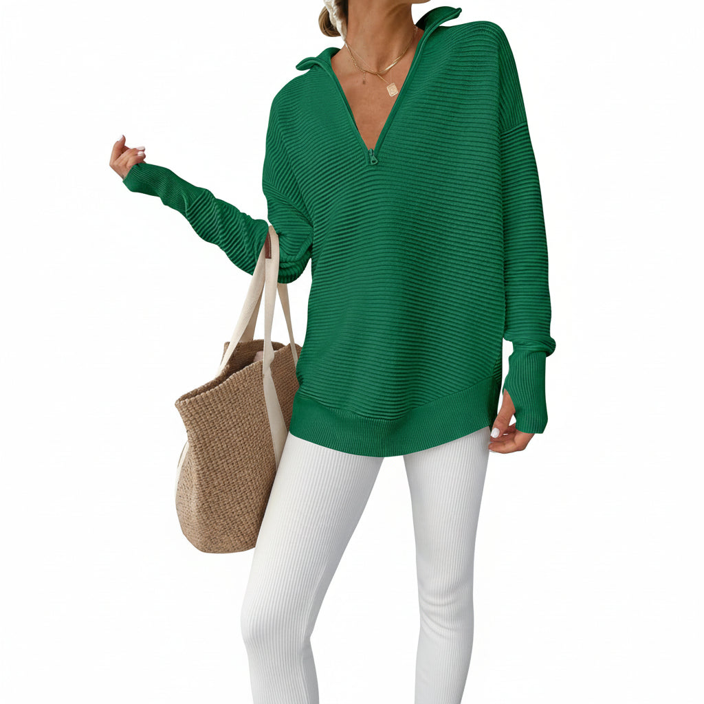 Womens Sweater Knitted Half Zip V Neck Ribbed Fabric Oversized