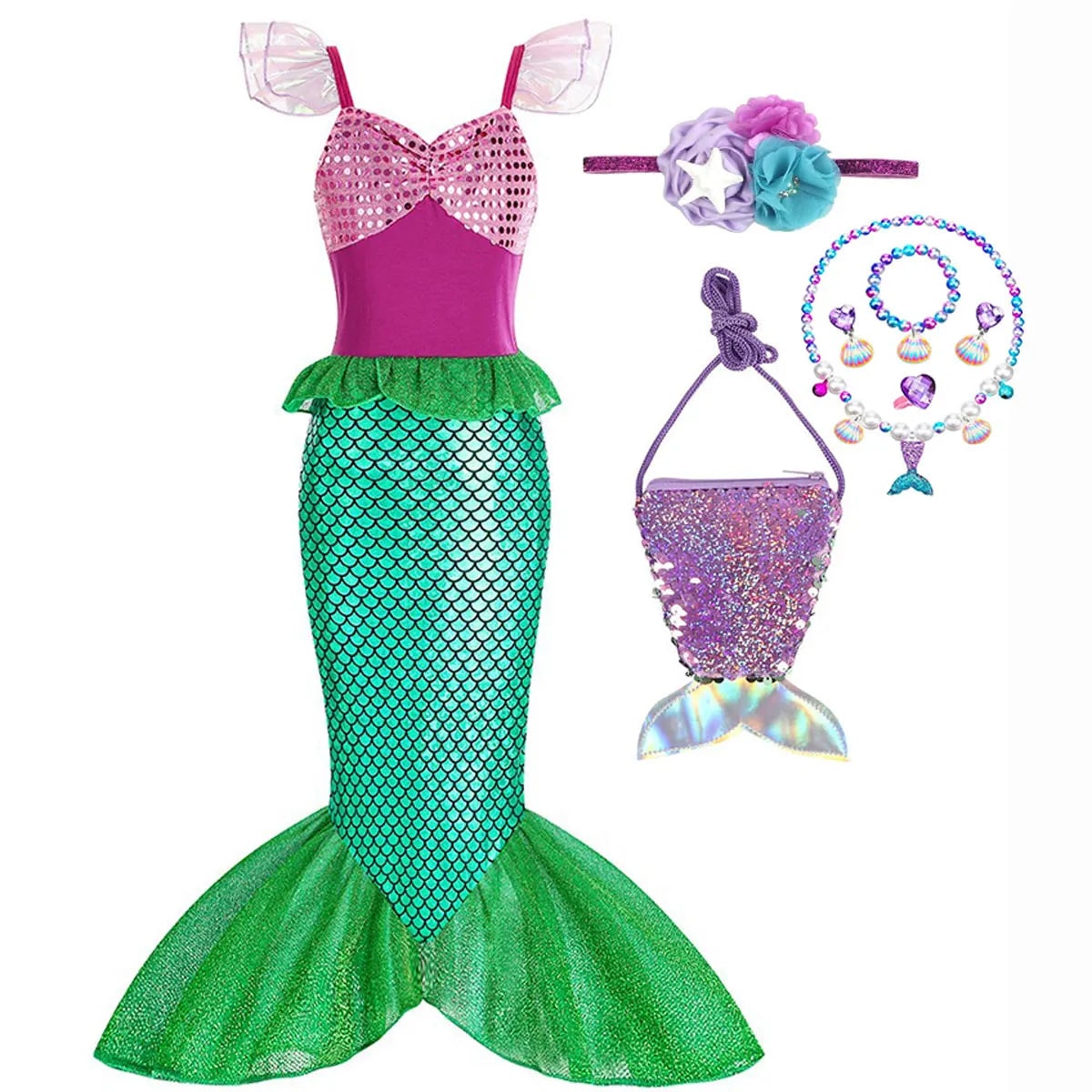 Halloween Costume Sirena Bambina Scaglie Coda Festa - Image 12