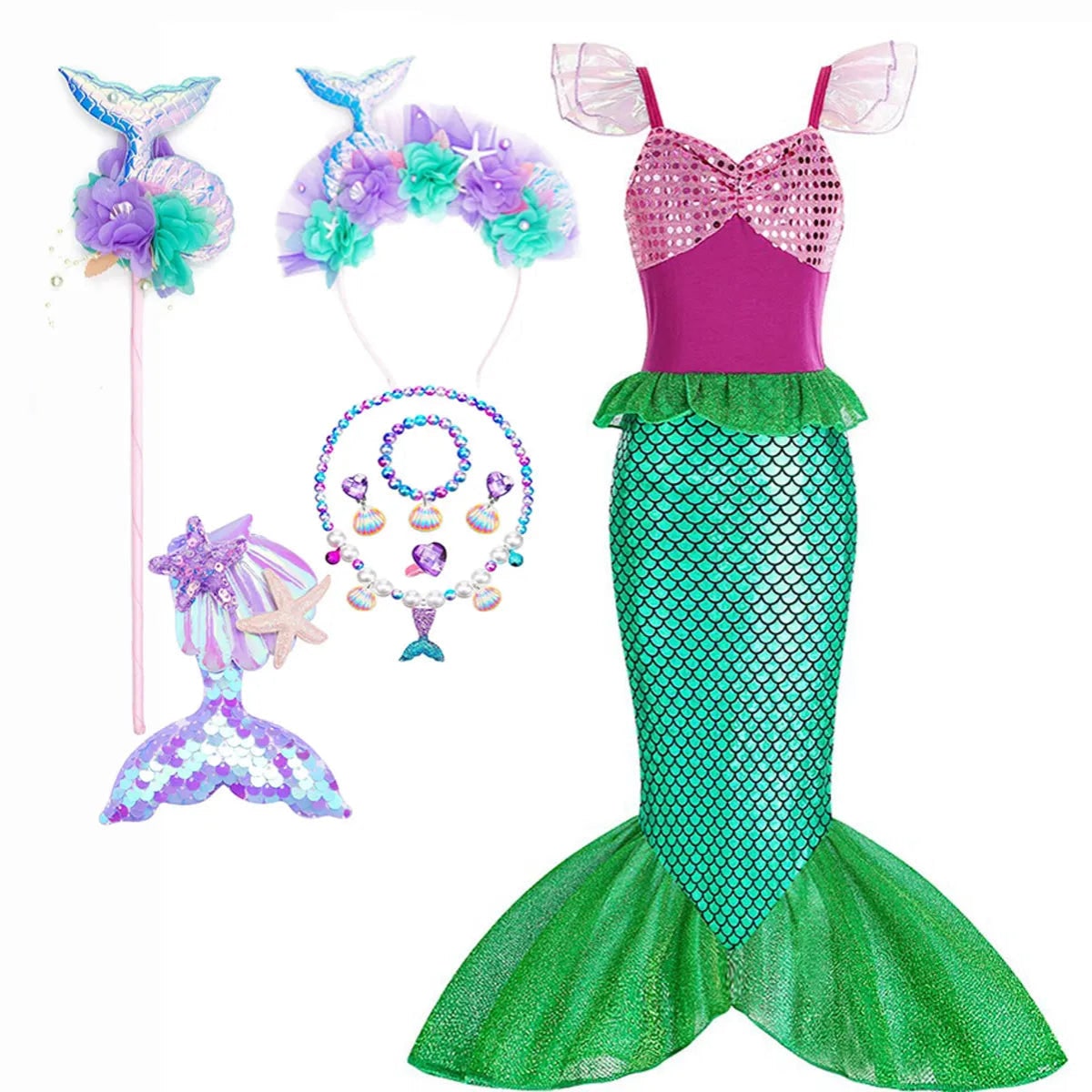 Halloween Costume Sirena Bambina Scaglie Coda Festa - Image 13