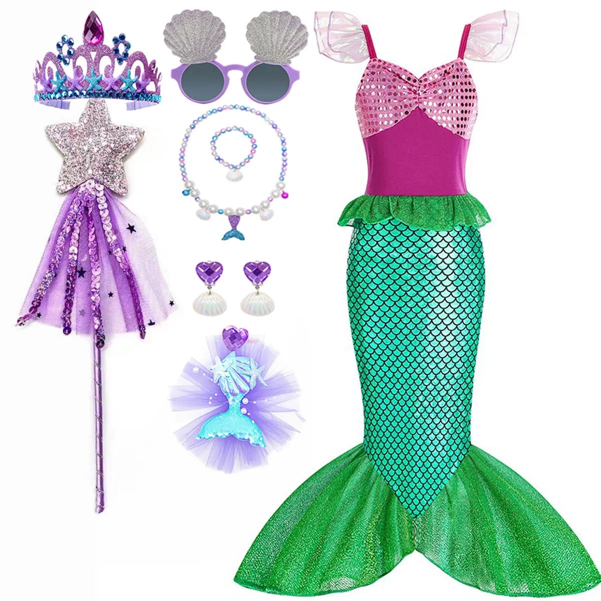 Halloween Costume Sirena Bambina Scaglie Coda Festa - Image 15