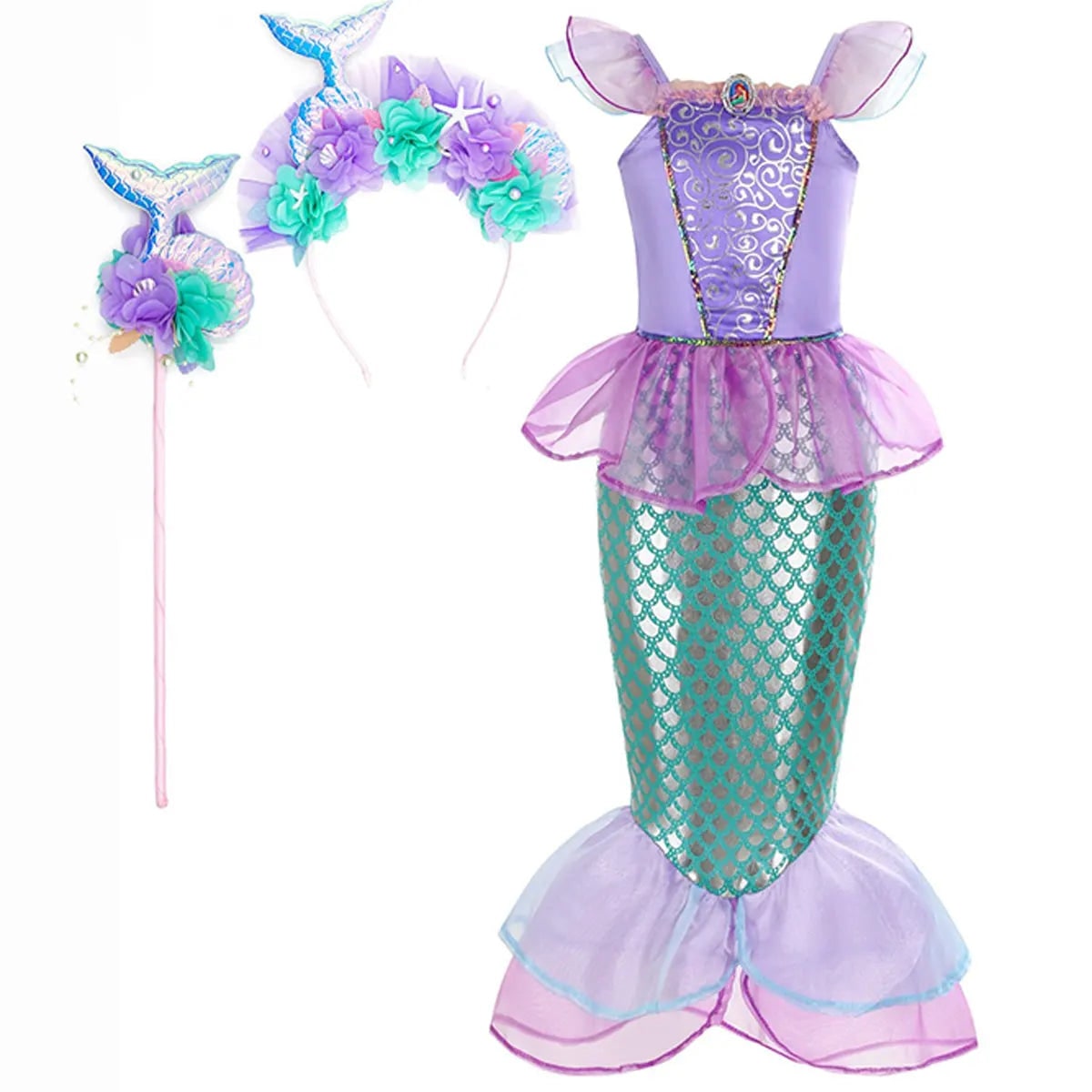 Halloween Costume Sirena Bambina Scaglie Coda Festa - Image 4