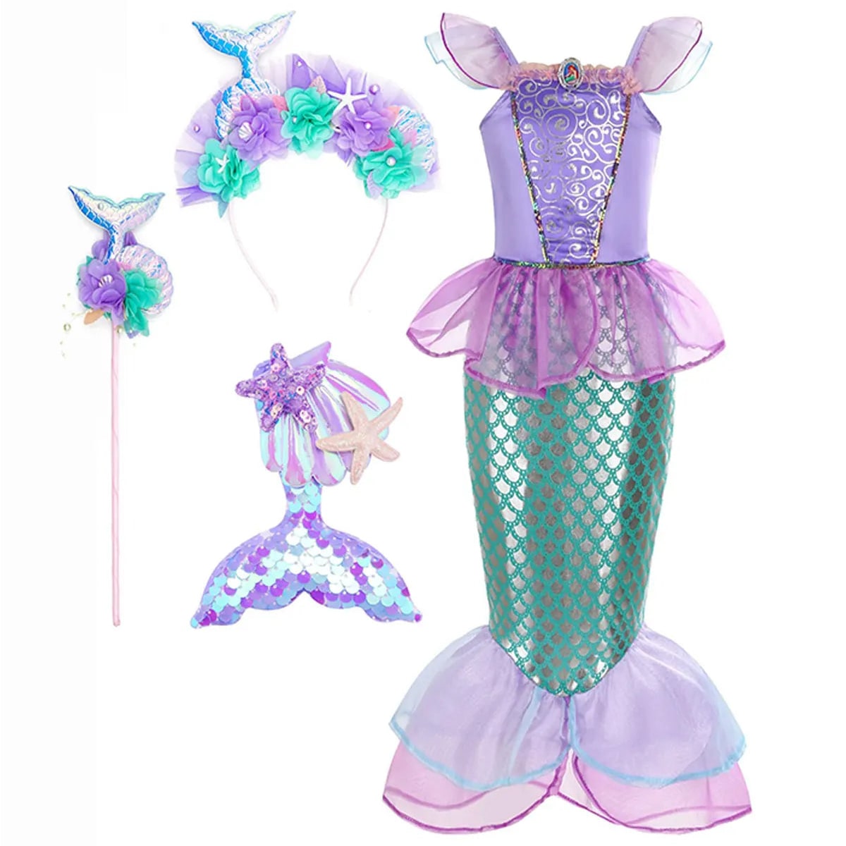 Halloween Costume Sirena Bambina Scaglie Coda Festa - Image 5