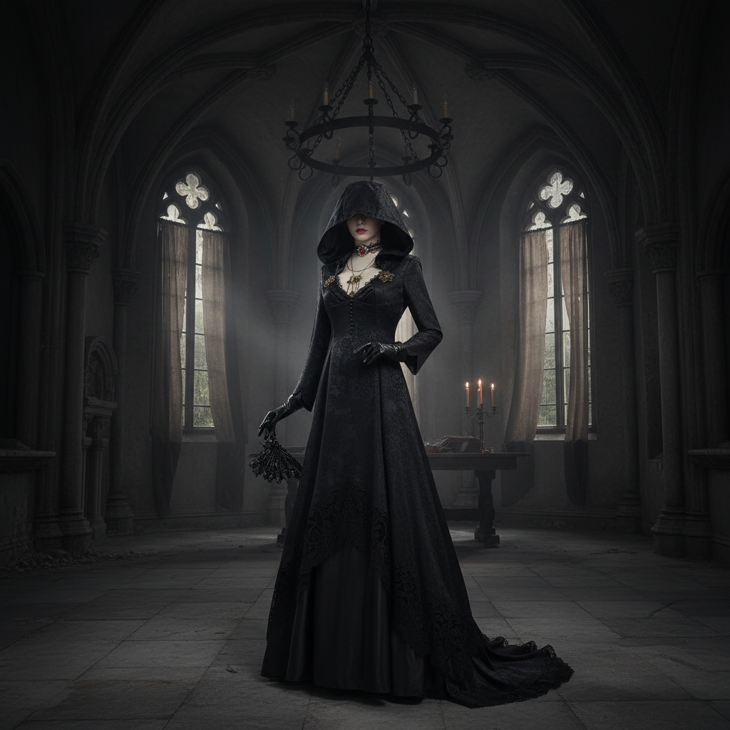 Halloween Costume Vampiro Elegante Cappuccio Guanti - Image 1