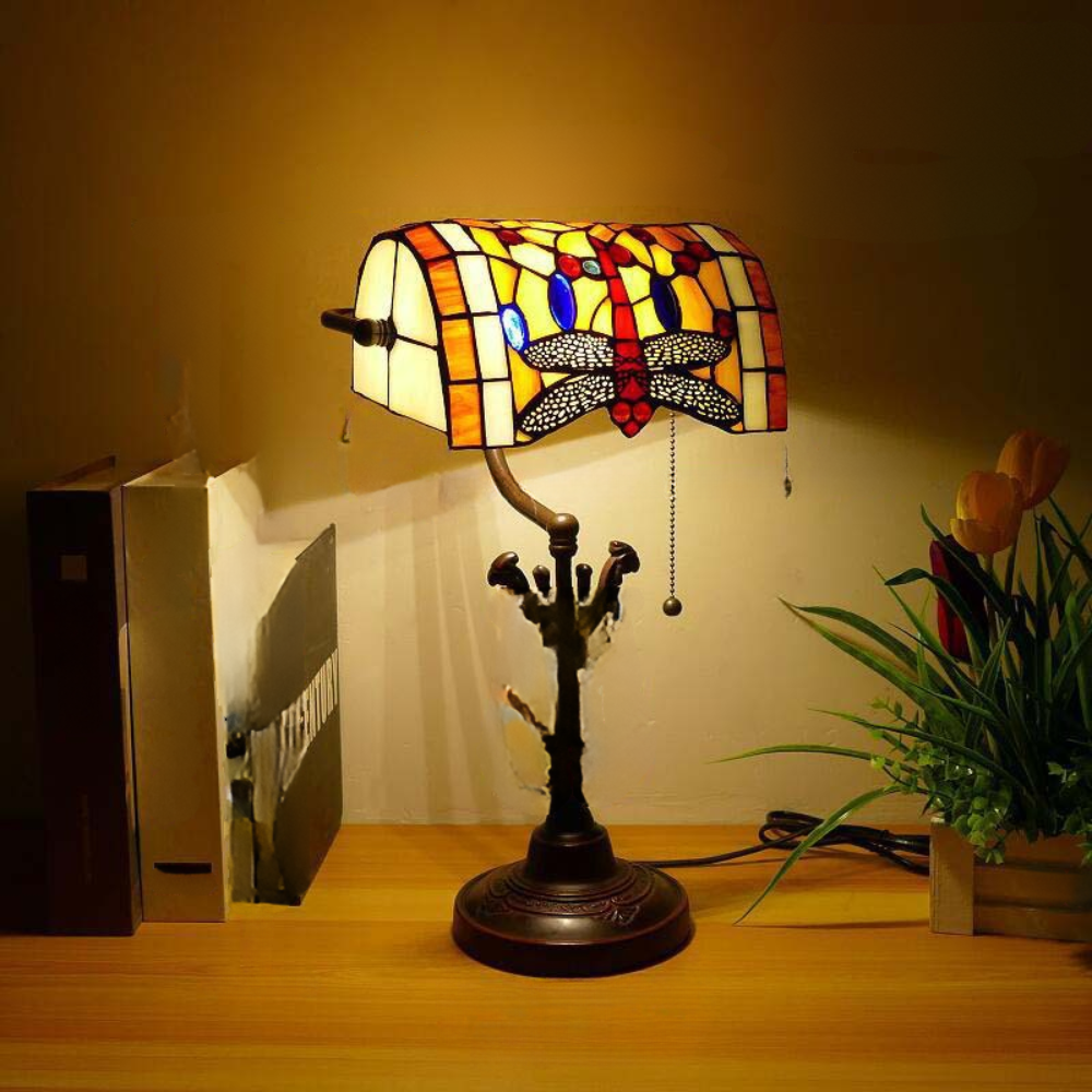TiffanyBanker - Hand-carved White Banker Lamp with Butterfly Pattern