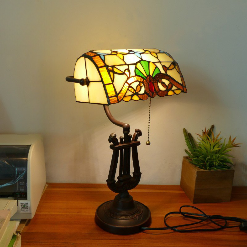 TiffanyBanker - Hand-carved White Banker Lamp with Butterfly Pattern