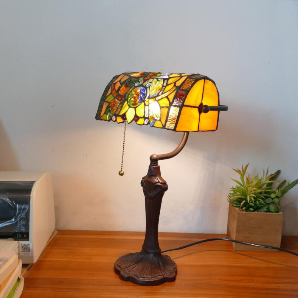 TiffanyBanker - Hand-carved White Banker Lamp with Butterfly Pattern