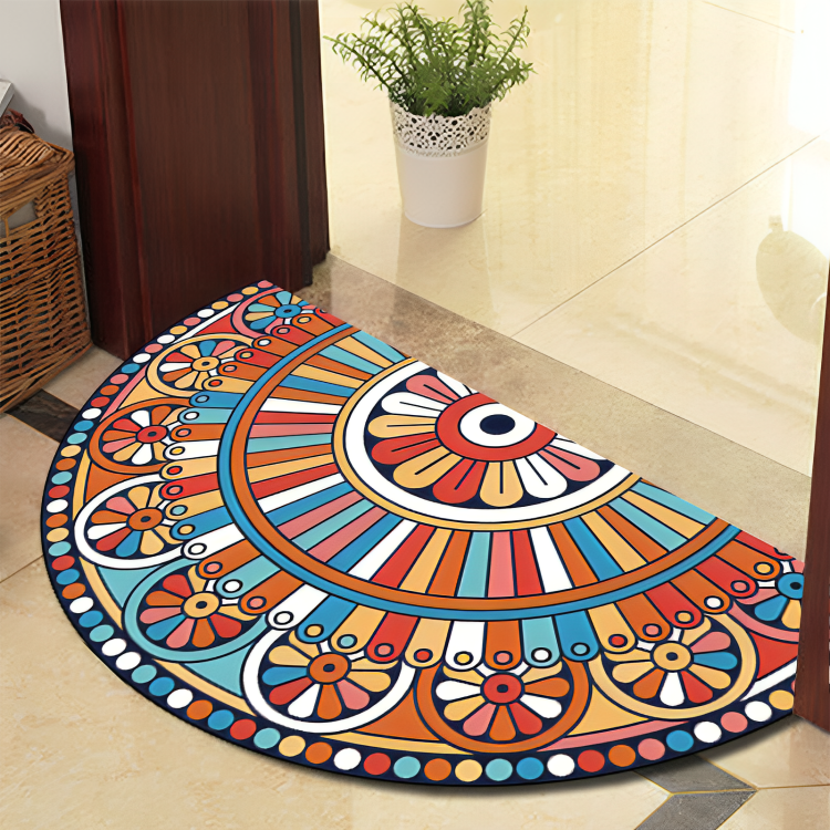 Alfombra redonda floreciente Mandala con líneas negras – Alfombra gruesa antideslizante de poliéster para interior/exterior, perfecta para dormitorio, pasillo y decoración del hogar – Lavable a máquina