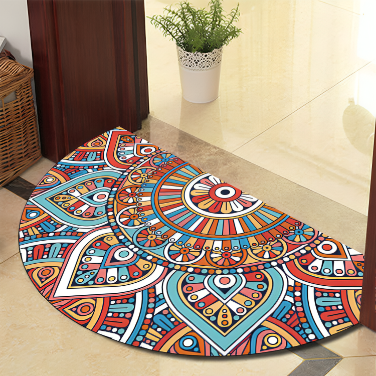 Alfombra redonda floreciente Mandala con líneas negras – Alfombra gruesa antideslizante de poliéster para interior/exterior, perfecta para dormitorio, pasillo y decoración del hogar – Lavable a máquina
