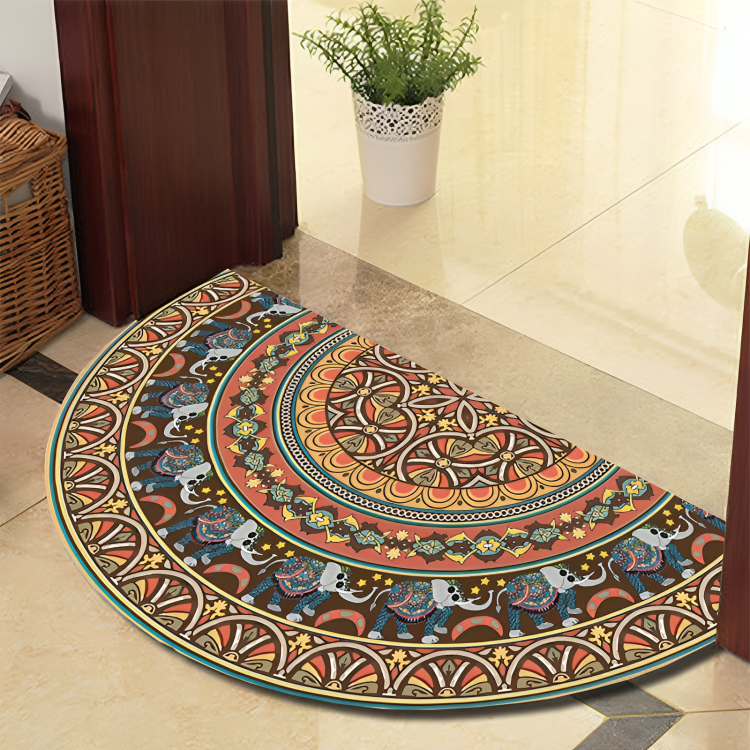 Alfombra redonda floreciente Mandala con líneas negras – Alfombra gruesa antideslizante de poliéster para interior/exterior, perfecta para dormitorio, pasillo y decoración del hogar – Lavable a máquina