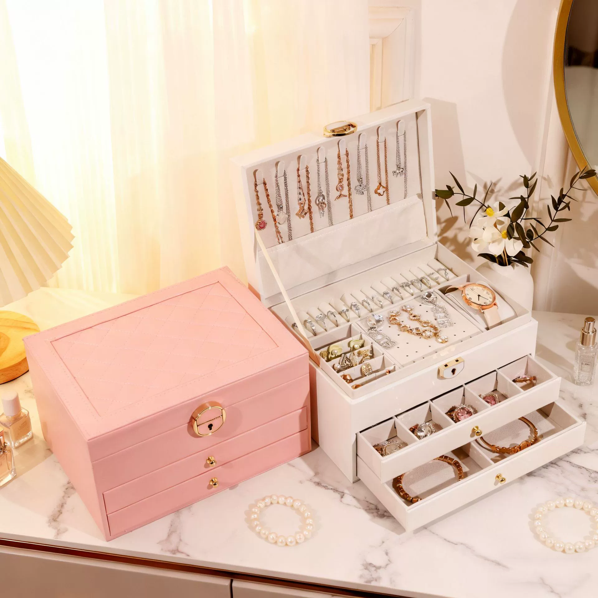 Mother's Day Gift Jewelry Box Organizer Three-Piece Storage Box Lock Drawers