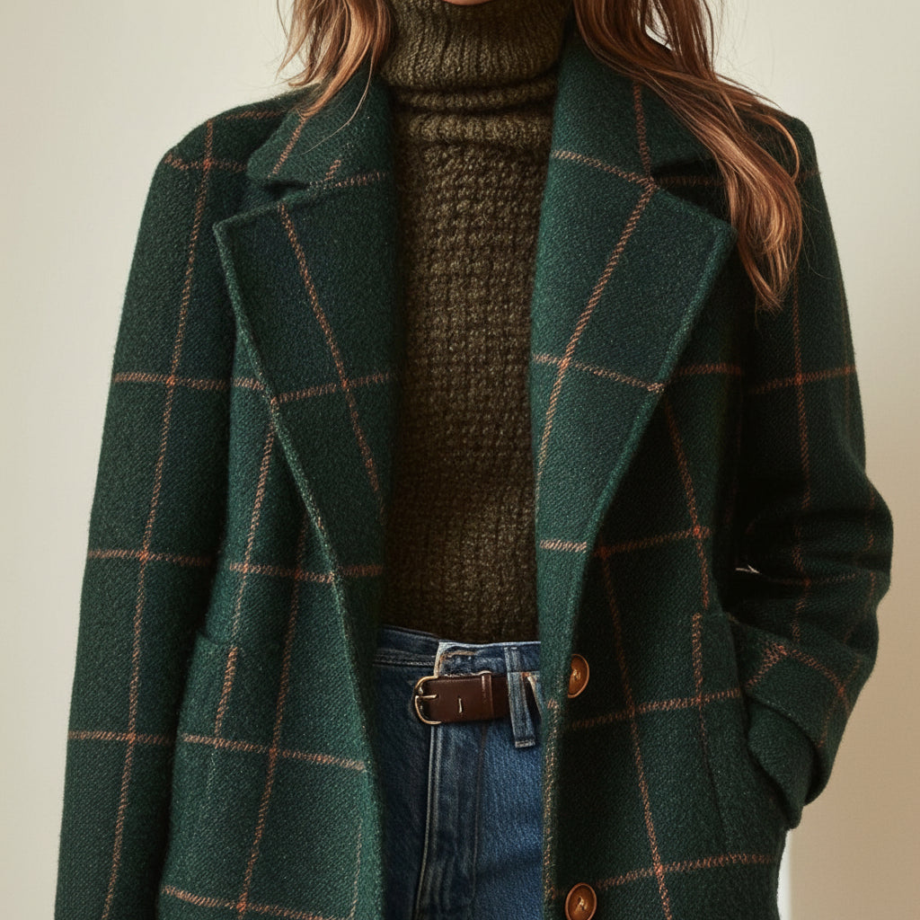 Elegante Giacca Donna Motivo Quadri Misto Lana Inverno