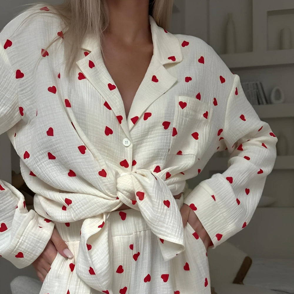 Womens Cotton Pajamas Heart Pattern Soft Loungewear Set