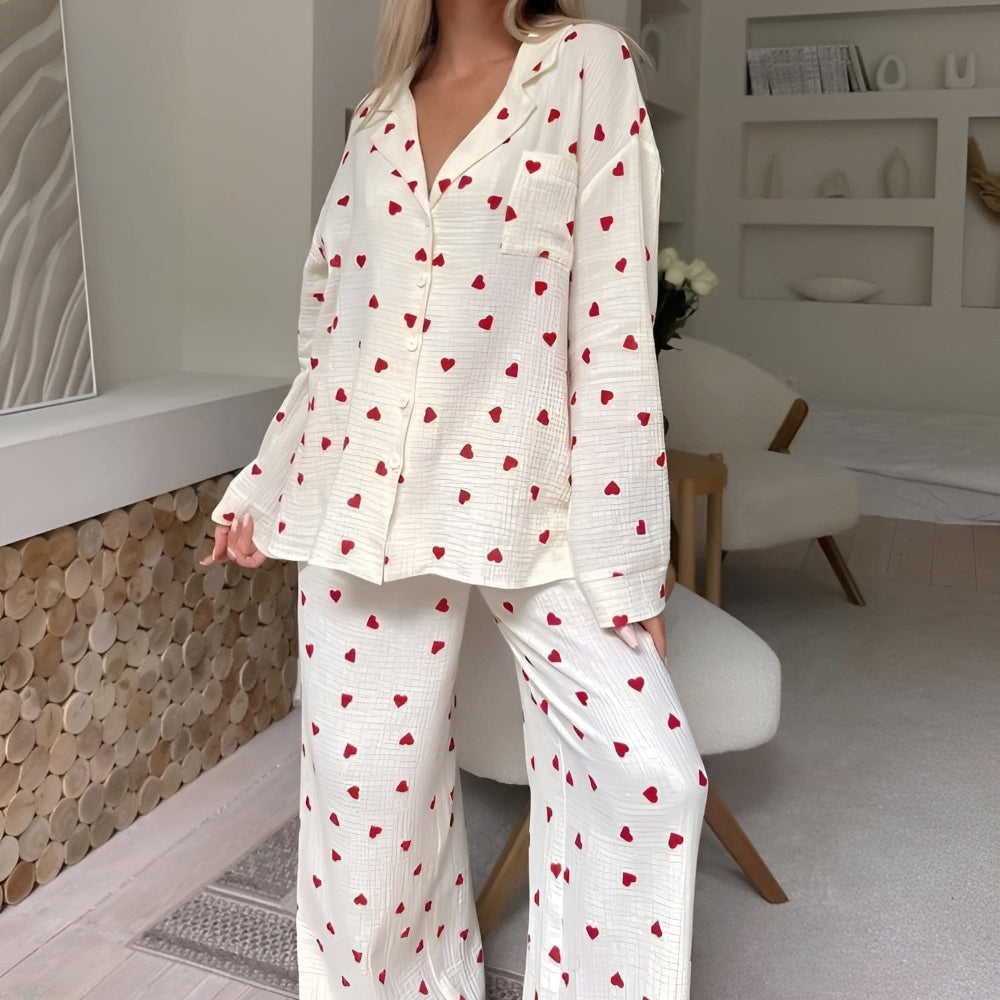 Womens Cotton Pajamas Heart Pattern Soft Loungewear Set