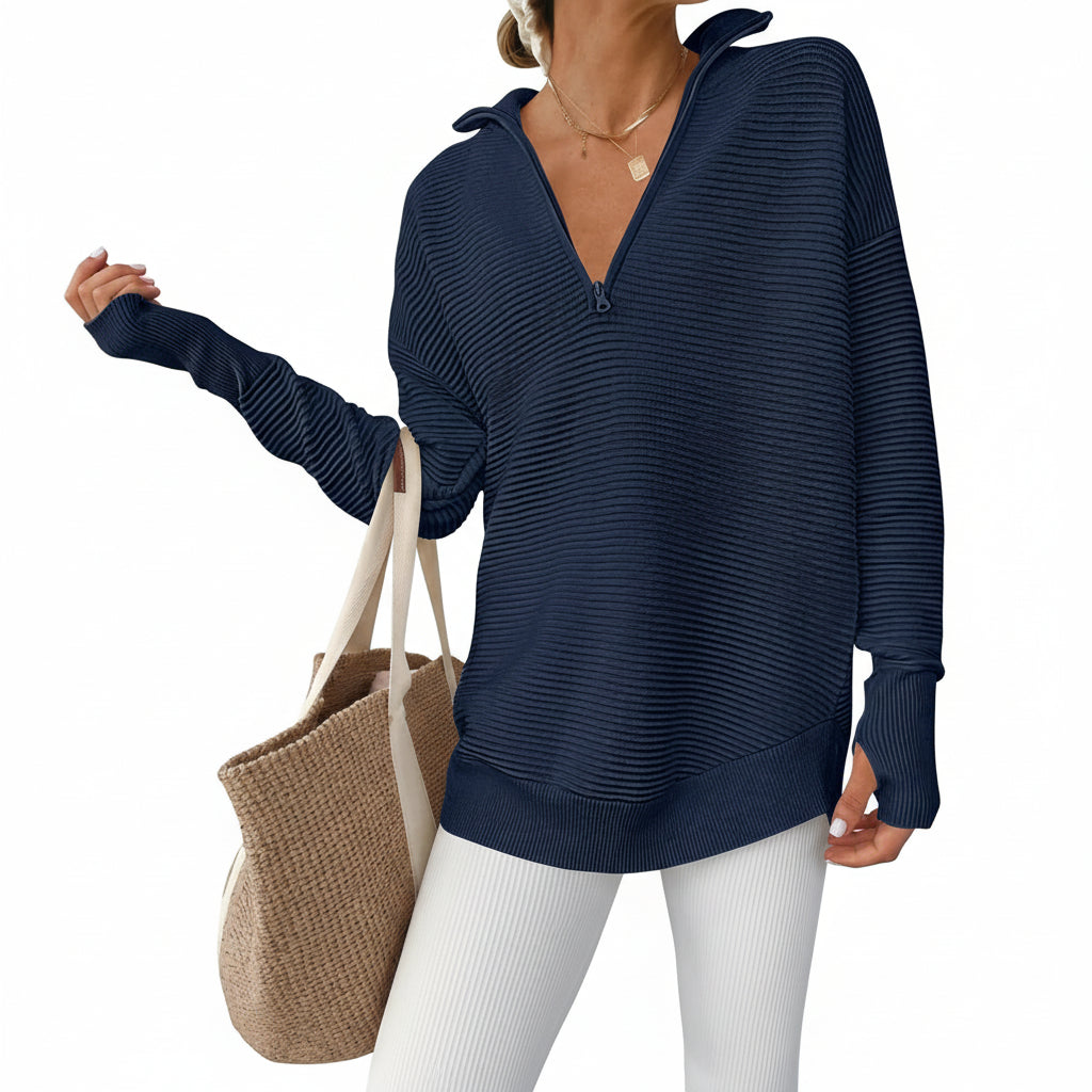 Womens Sweater Knitted Half Zip V Neck Ribbed Fabric Oversized