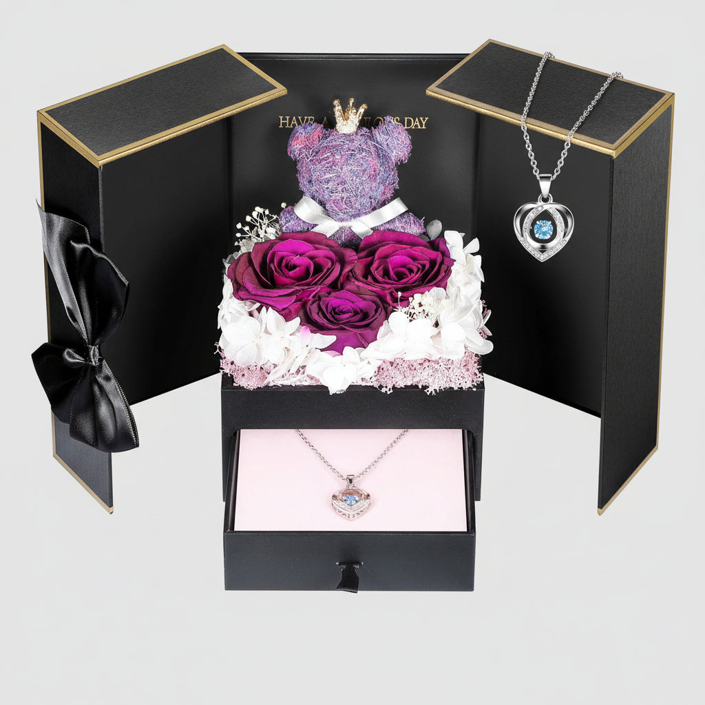 Bewaarde Rose Gift Box Handmade Bear I Love You Necklace