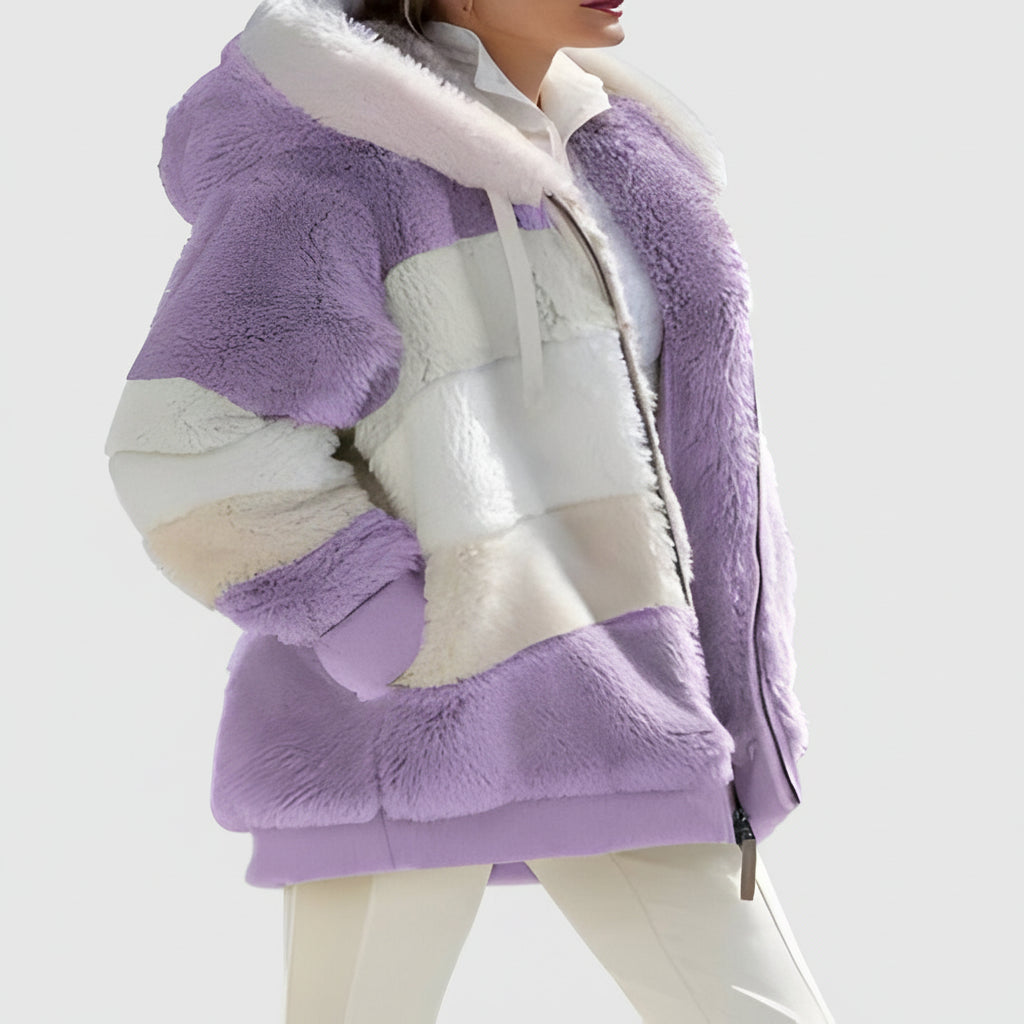 Womens Winter Coat Teddy Oversized Colorblock Hood Zipper