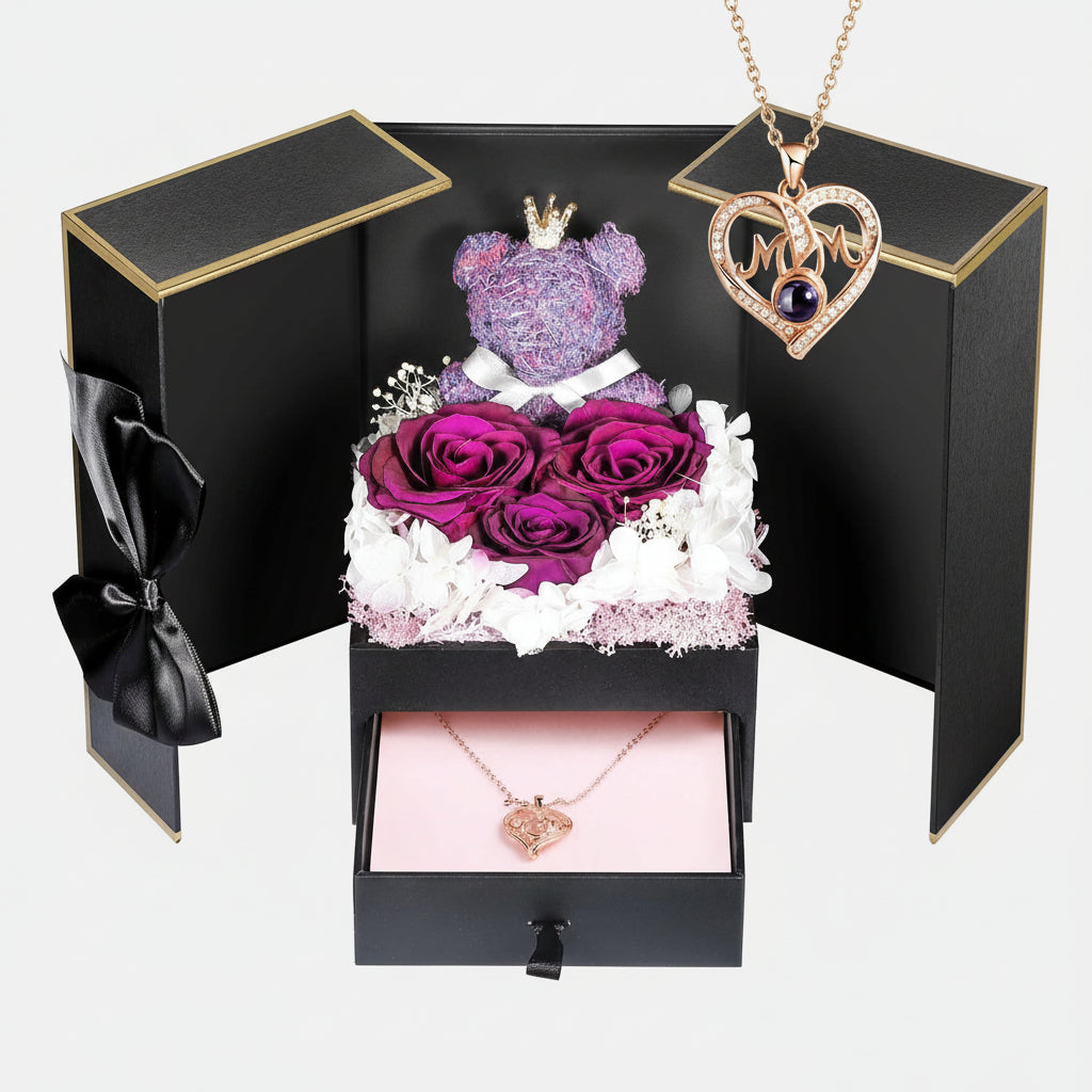 Bewaarde Rose Gift Box Handmade Bear I Love You Necklace
