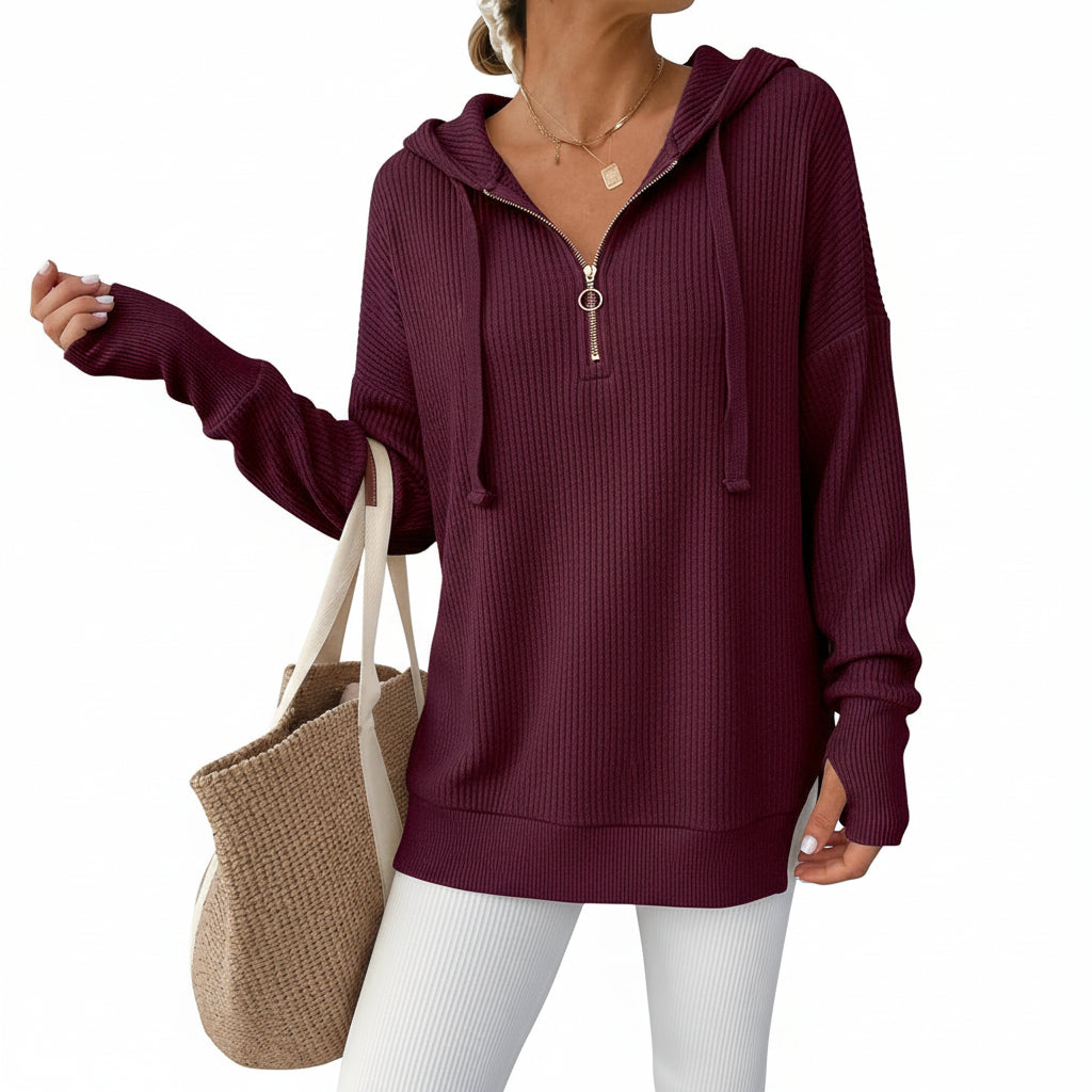 Womens Sweater Knitted Half Zip V Neck Ribbed Fabric Oversized