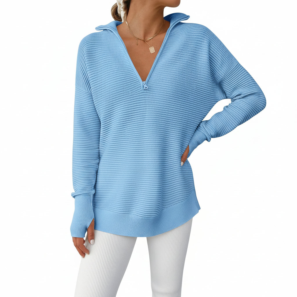 Womens Sweater Knitted Half Zip V Neck Ribbed Fabric Oversized