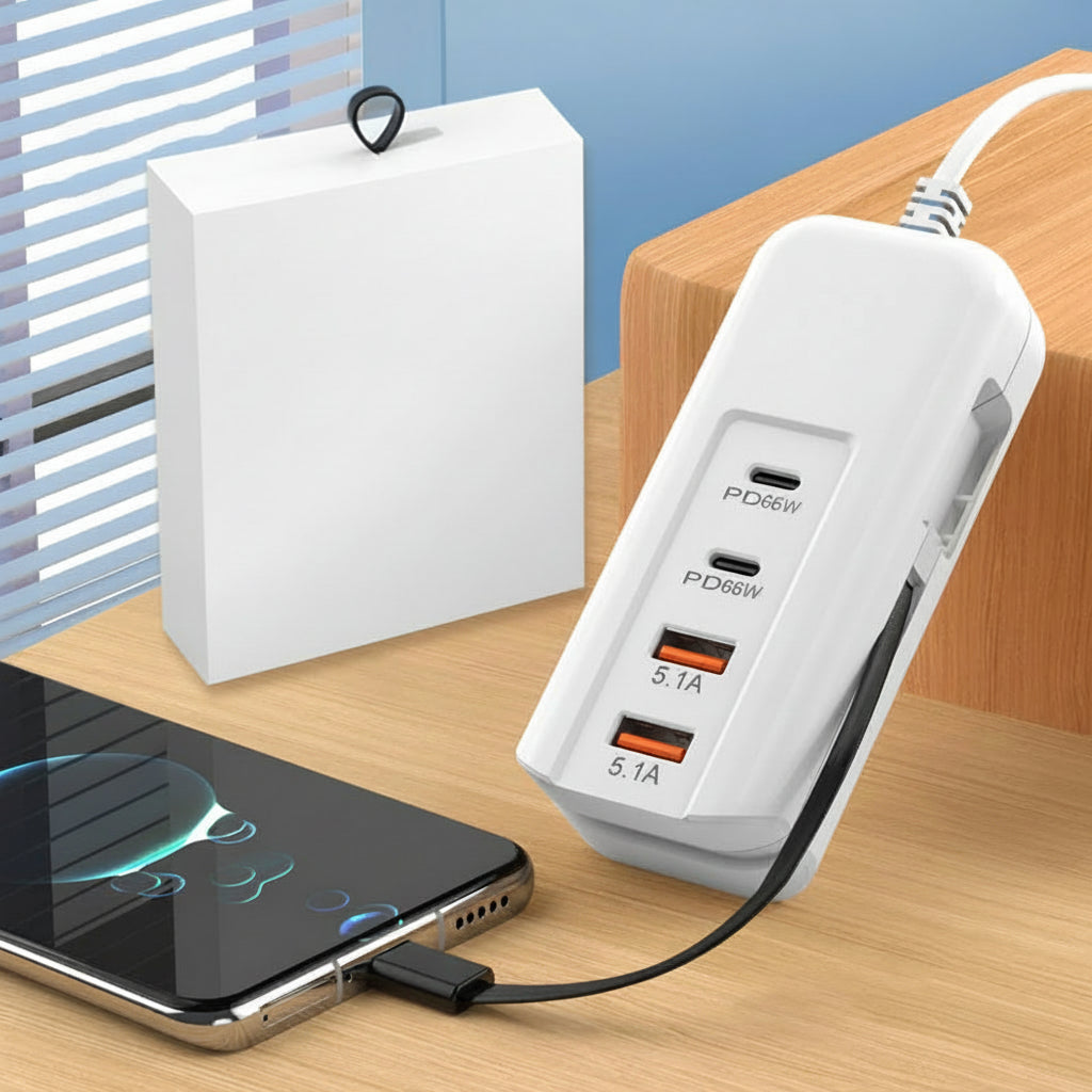 Tomada múltipla com carregador USB de carregamento rápido compacto