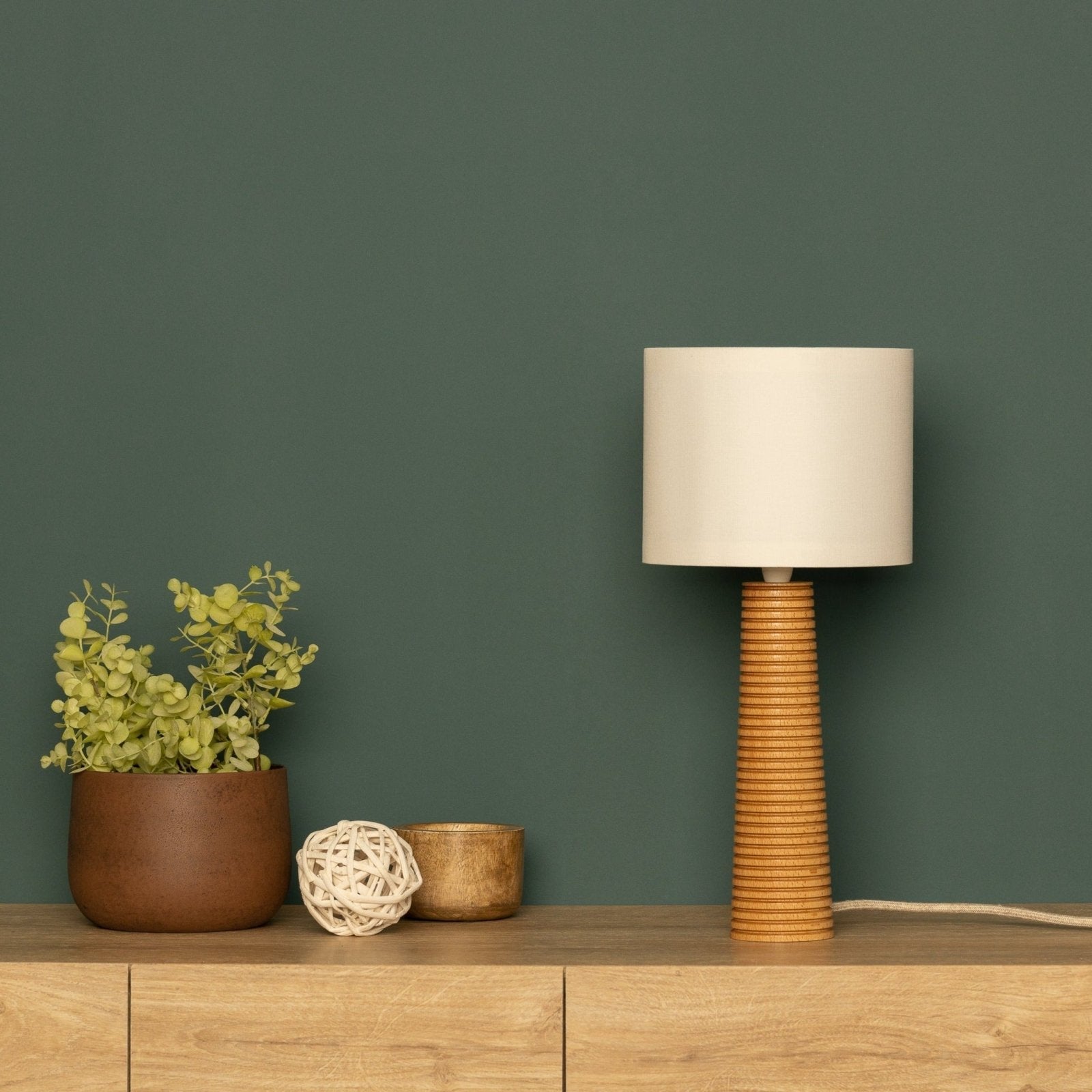 NordicGlow - Wooden Table Lamp with Pleated Base and Fabric Shade
