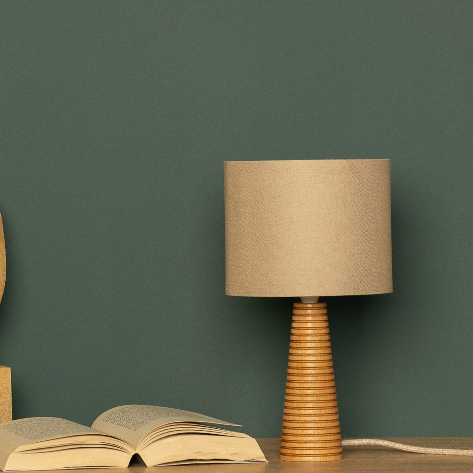 NordicGlow - Wooden Table Lamp with Pleated Base and Fabric Shade