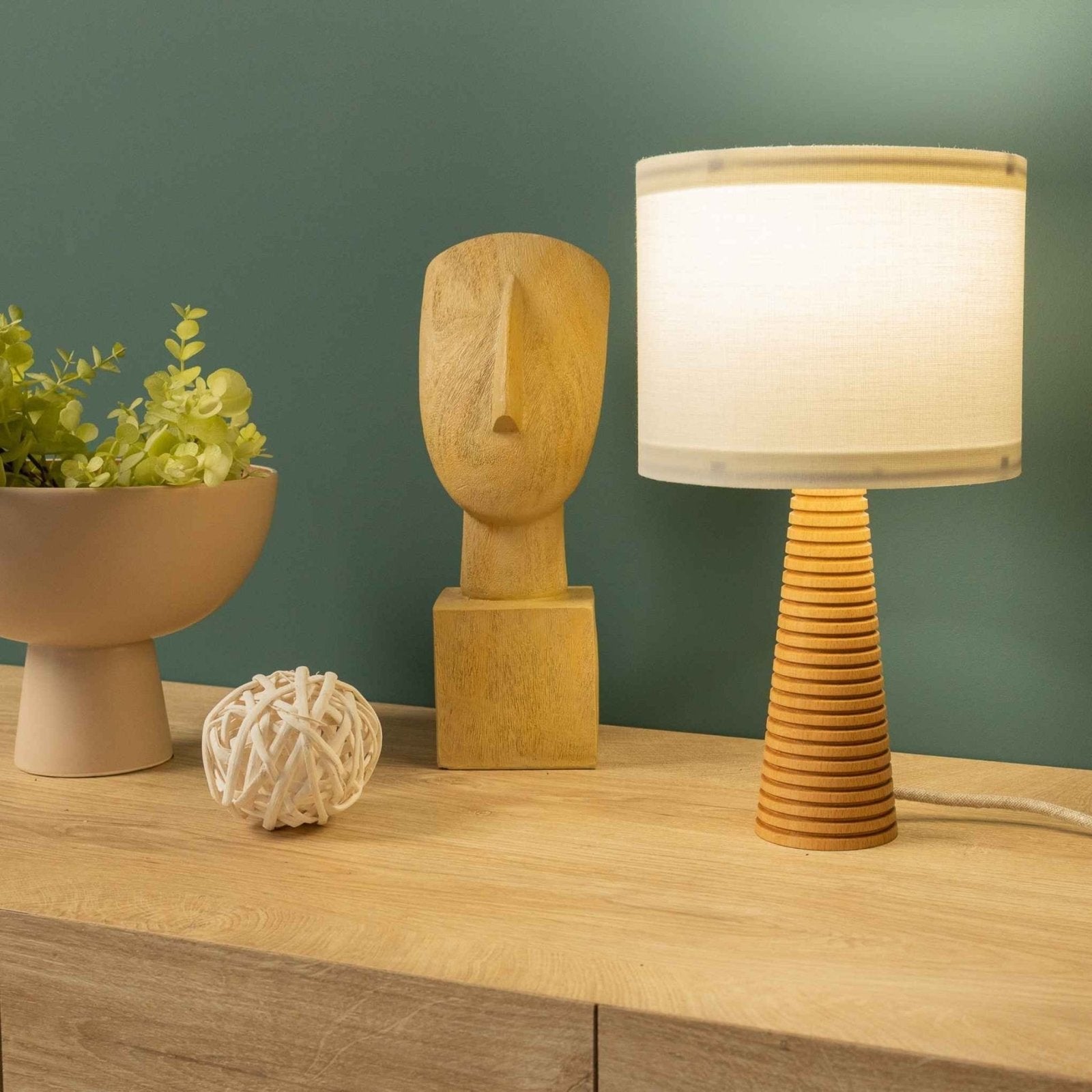 NordicGlow - Wooden Table Lamp with Pleated Base and Fabric Shade