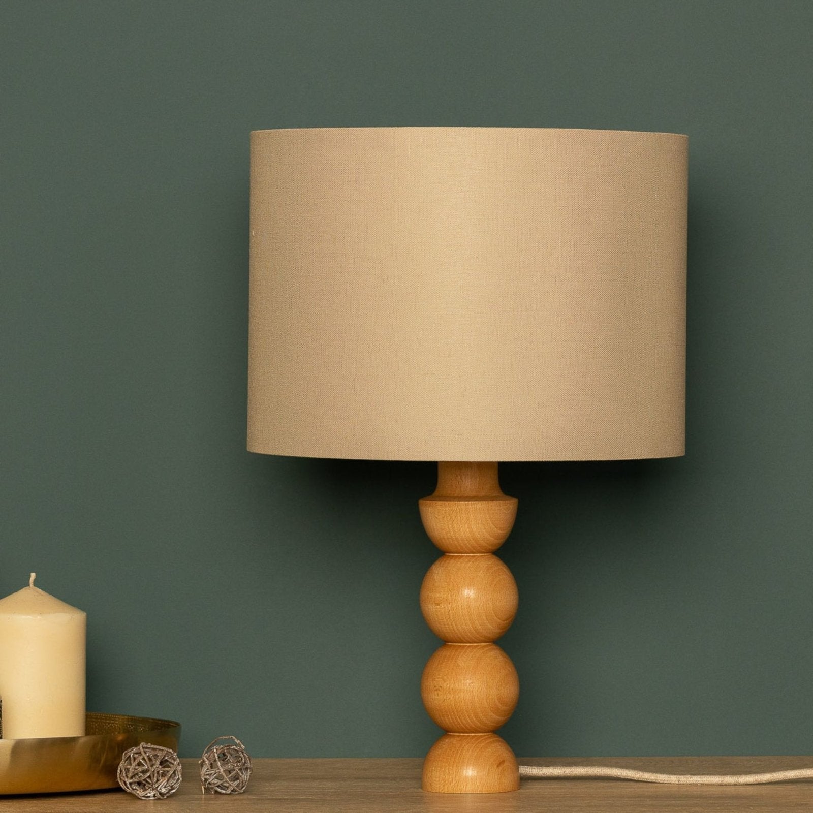 LumiWood – Lámpara de Mesa de Madera con Pantalla de Tela, Lámpara de Noche Escandinava