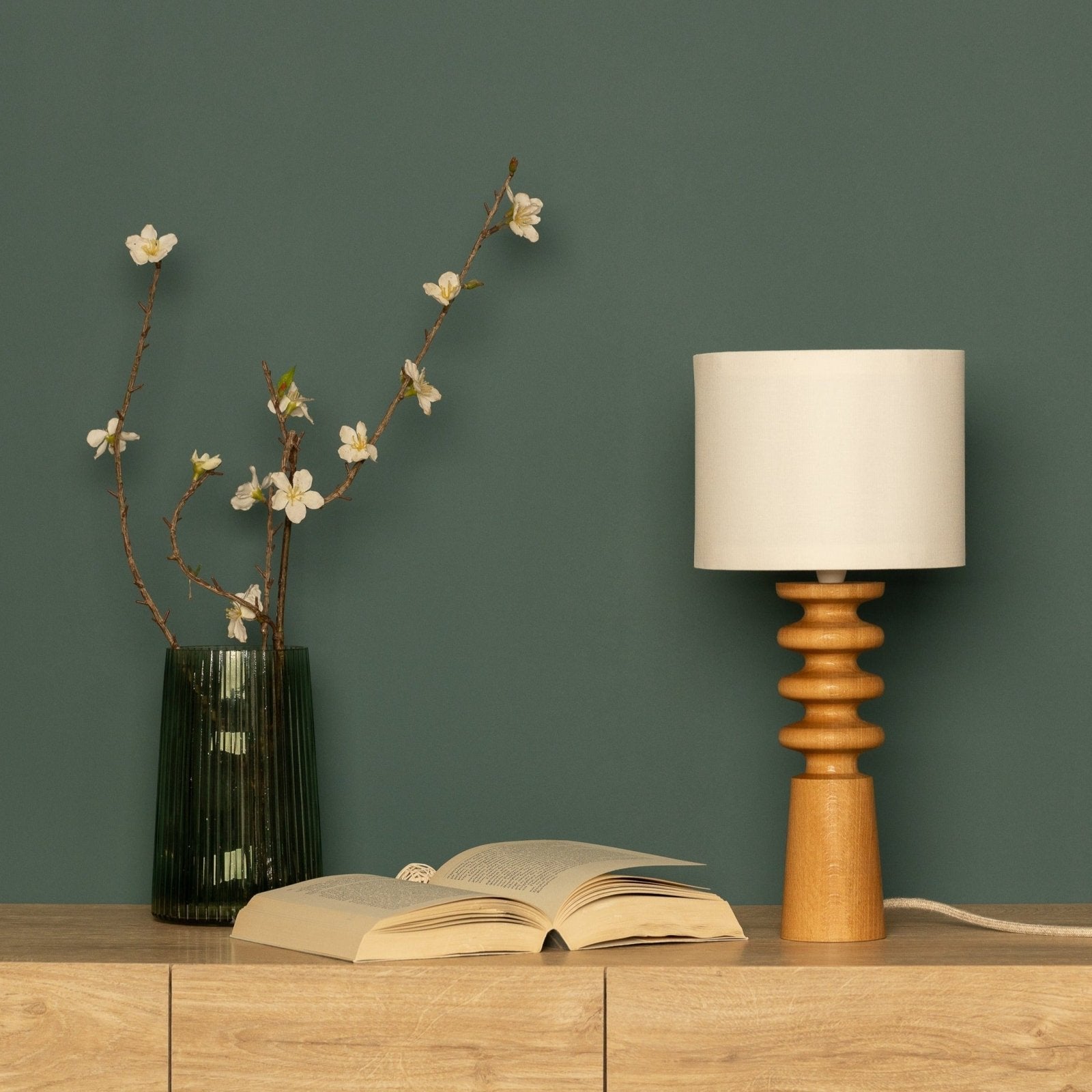NordicGlow - Scandinavian Wooden Table Lamp – Minimalist Night Lamp with Fabric Shade