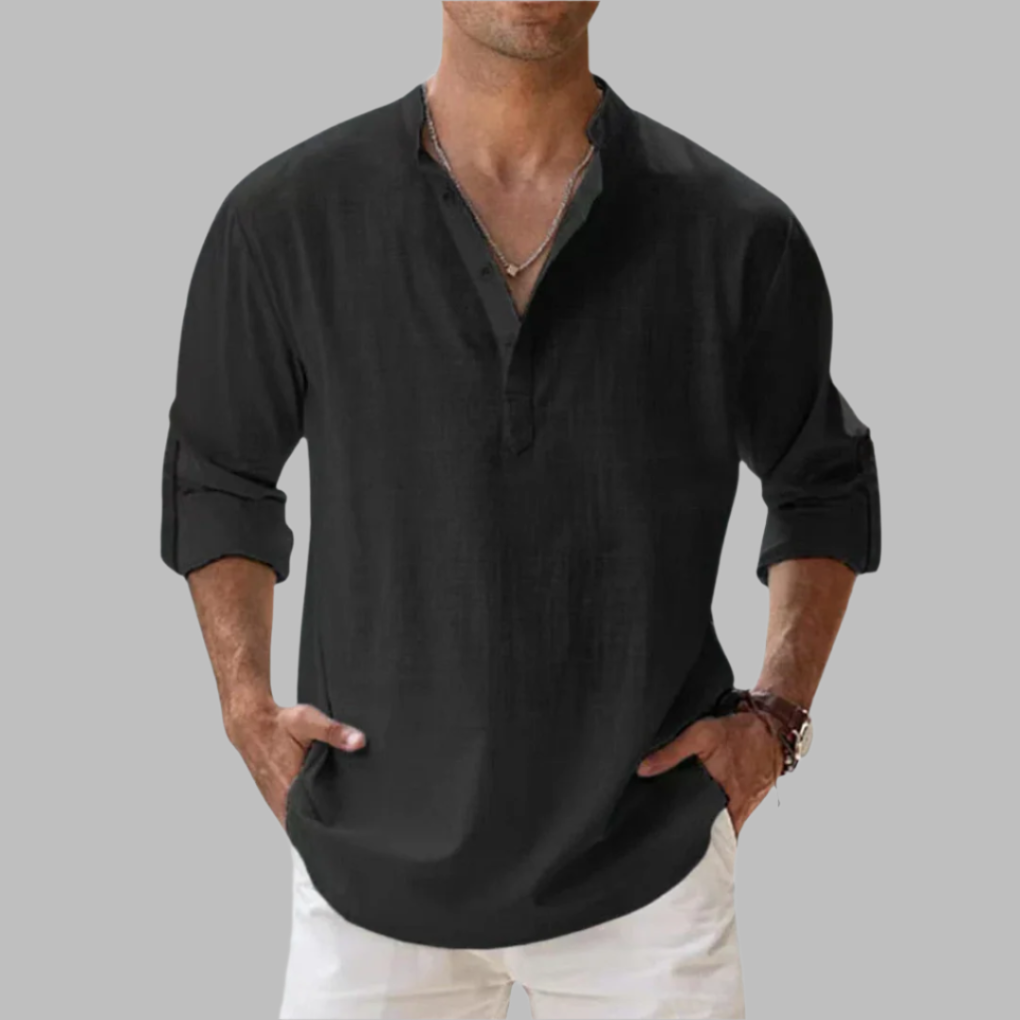 Uomo Camicia estiva collo serafino maniche lunghe | Camicia casual - Image 2