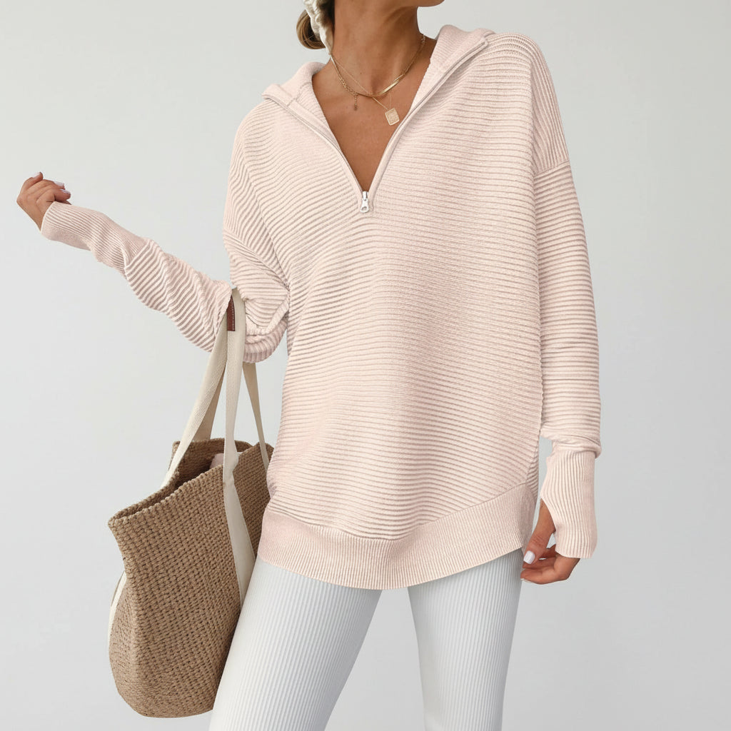 Maglione Donna Lavorato Maglia Mezza Cerniera Scollo V Tessuto Coste Oversize