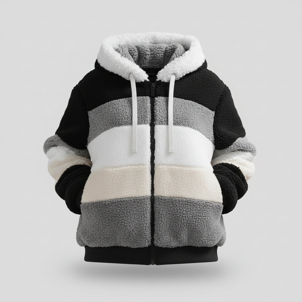 Womens Winter Coat Teddy Oversized Colorblock Hood Zipper