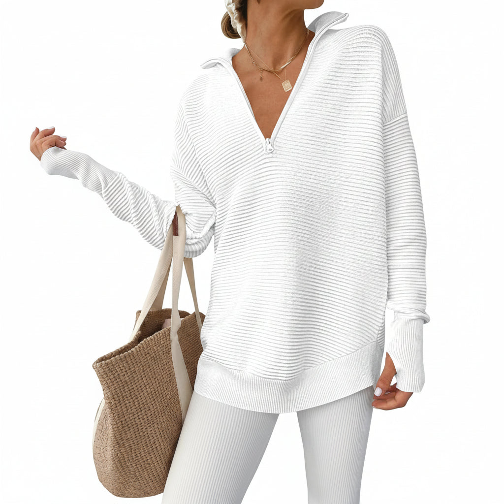 Womens Sweater Knitted Half Zip V Neck Ribbed Fabric Oversized