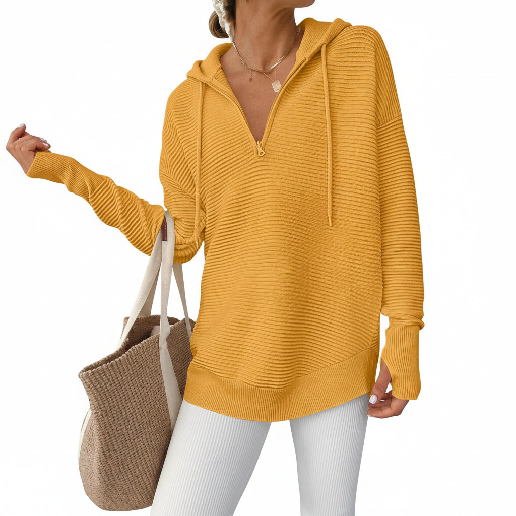 Womens Sweater Knitted Half Zip V Neck Ribbed Fabric Oversized